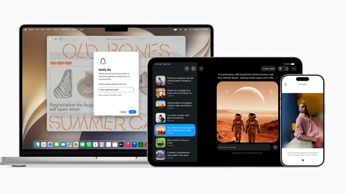 Interfaz de un iPhone mostrando las nuevas herramientas de Apple Intelligence, con la app Fotos editando una imagen y elementos visuales del rediseño de Siri en pantalla.