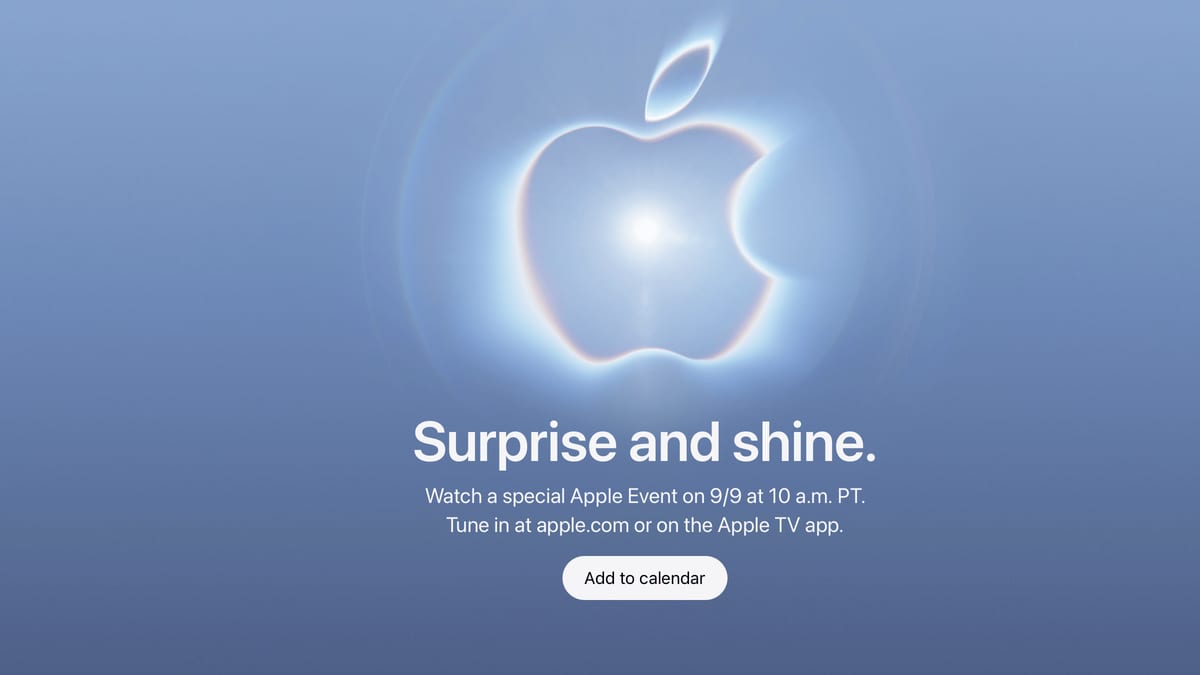Invitación oficial del evento de Apple con el logo de la manzana iluminado por un rayo de luz solar, sobre fondo oscuro, con el lema Surprise and shine.