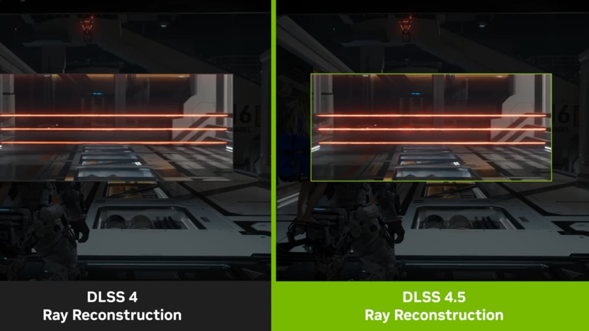 Captura de un videojuego con trazado de rayos activado, mostrando reflejos e iluminación nítidos junto con la marca Nvidia RTX y la referencia a DLSS en pantalla.