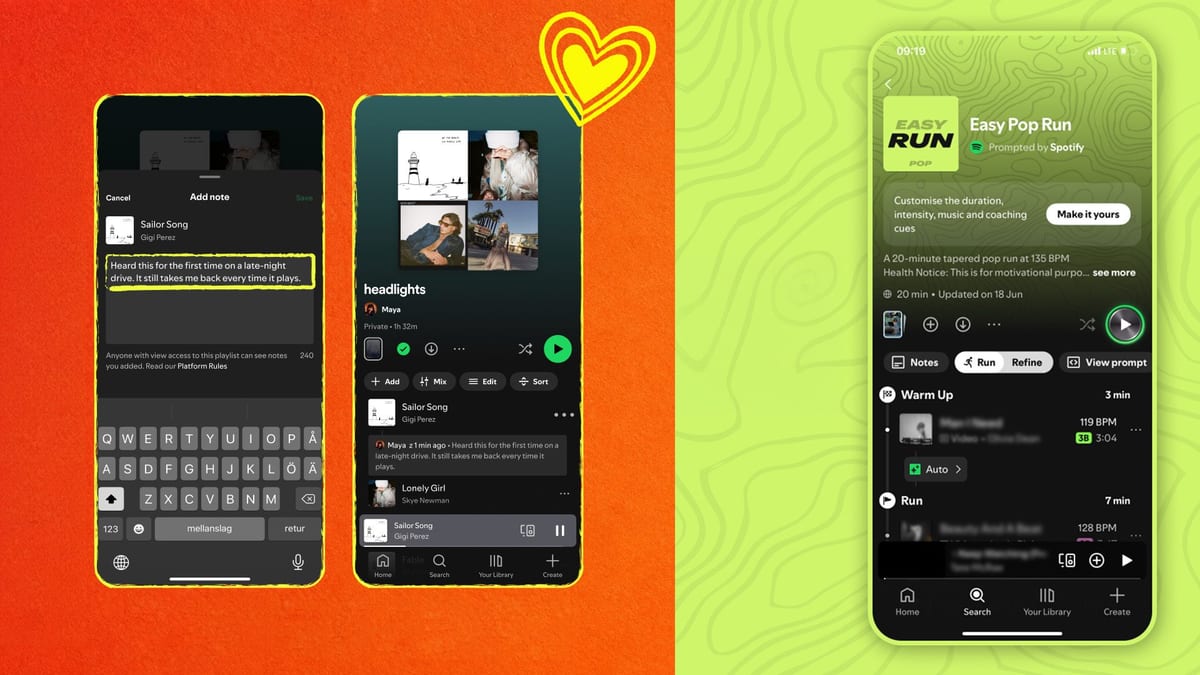 Captura de la aplicación de Spotify en un teléfono Android mostrando la sección de Fitness Hub con la función Running Mode y opciones de playlists para correr.