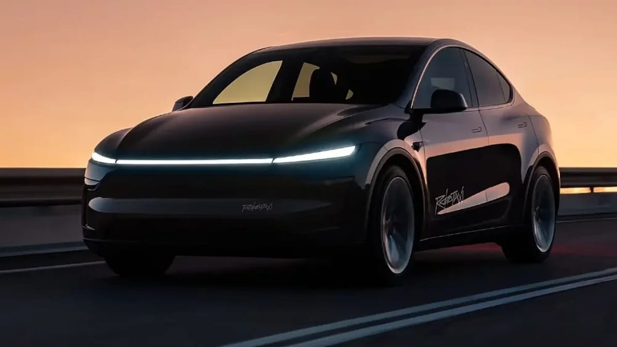 Un vehículo Tesla Model Y con equipamiento de sensores para conducción autónoma circulando como parte de una flota de Robotaxi, junto a referencias visuales al diseño futurista del Cybercab de dos plazas sin volante.