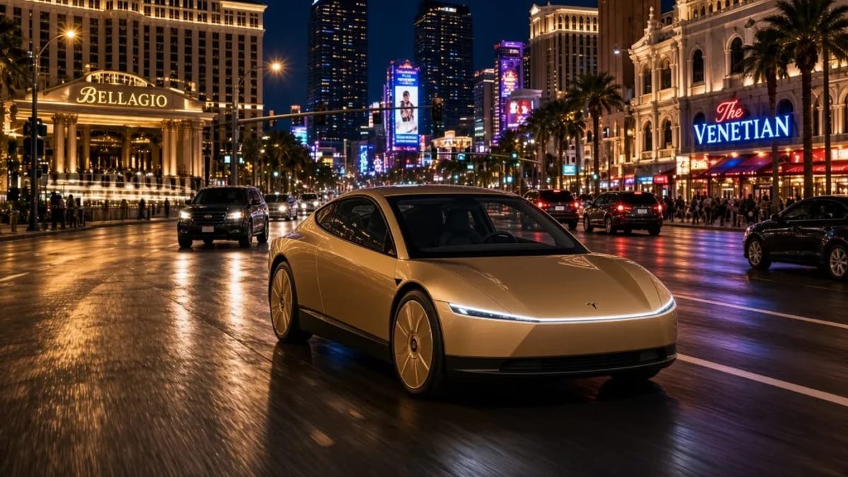 Un vehículo Tesla circulando por una calle, identificado como parte de la flota de Robotaxi de la compañía